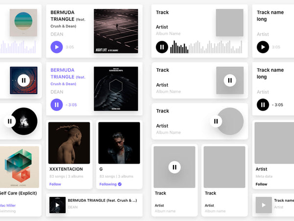 Light themed UI cards kit for a music app.