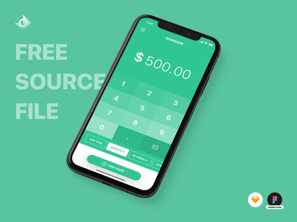 A mockup of a iPhone X finance transactions app on the add funds screen with the text "Free Source File!"