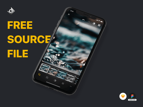 A mockup of a iPhone X photo editing app on the select photo filter screen with the text "Free Source File!"