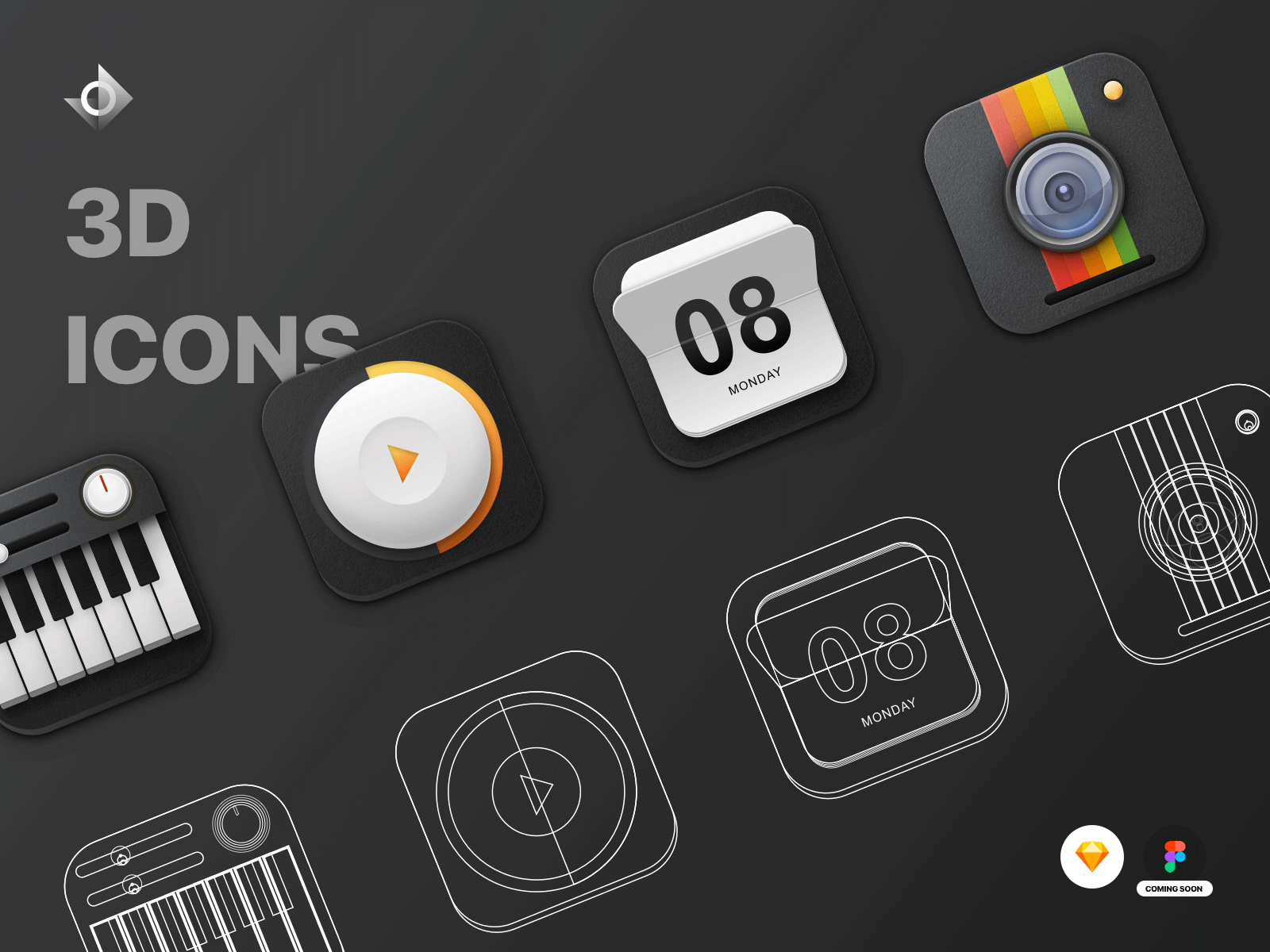 A mockup of four 3D skeuomorphic icons and their wireframe versions. The icons included are: piano, video button, calendar, and camera. 