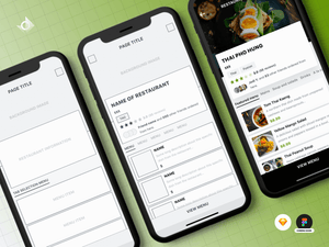 Mockups of a iPhone X's food ordering app's user interface (UI) design tutorial.
