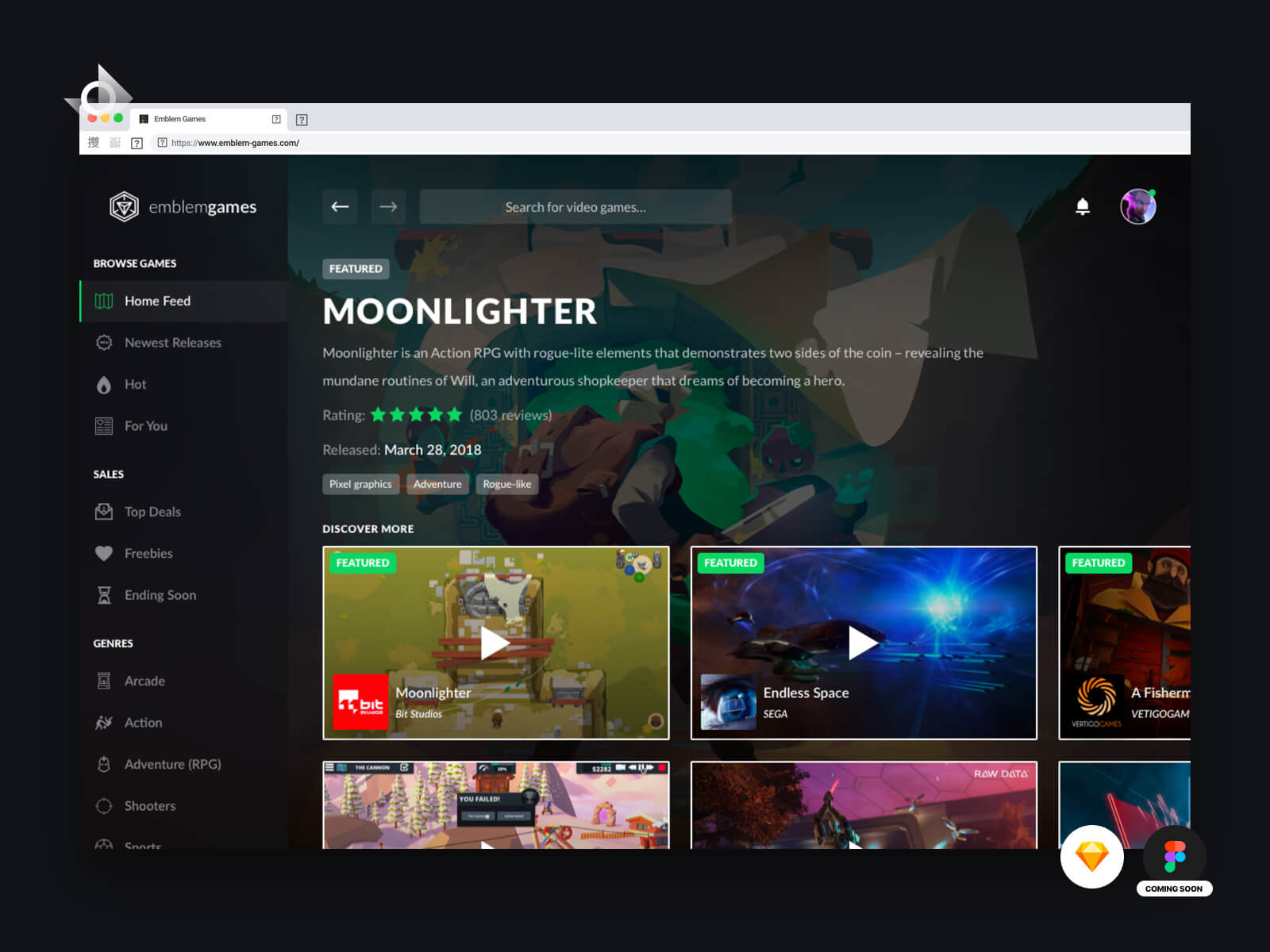 A mockup of a gaming and live stream website.