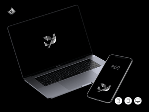 A mockup of a macbook and iphone showing the geometric dove wallpaper.