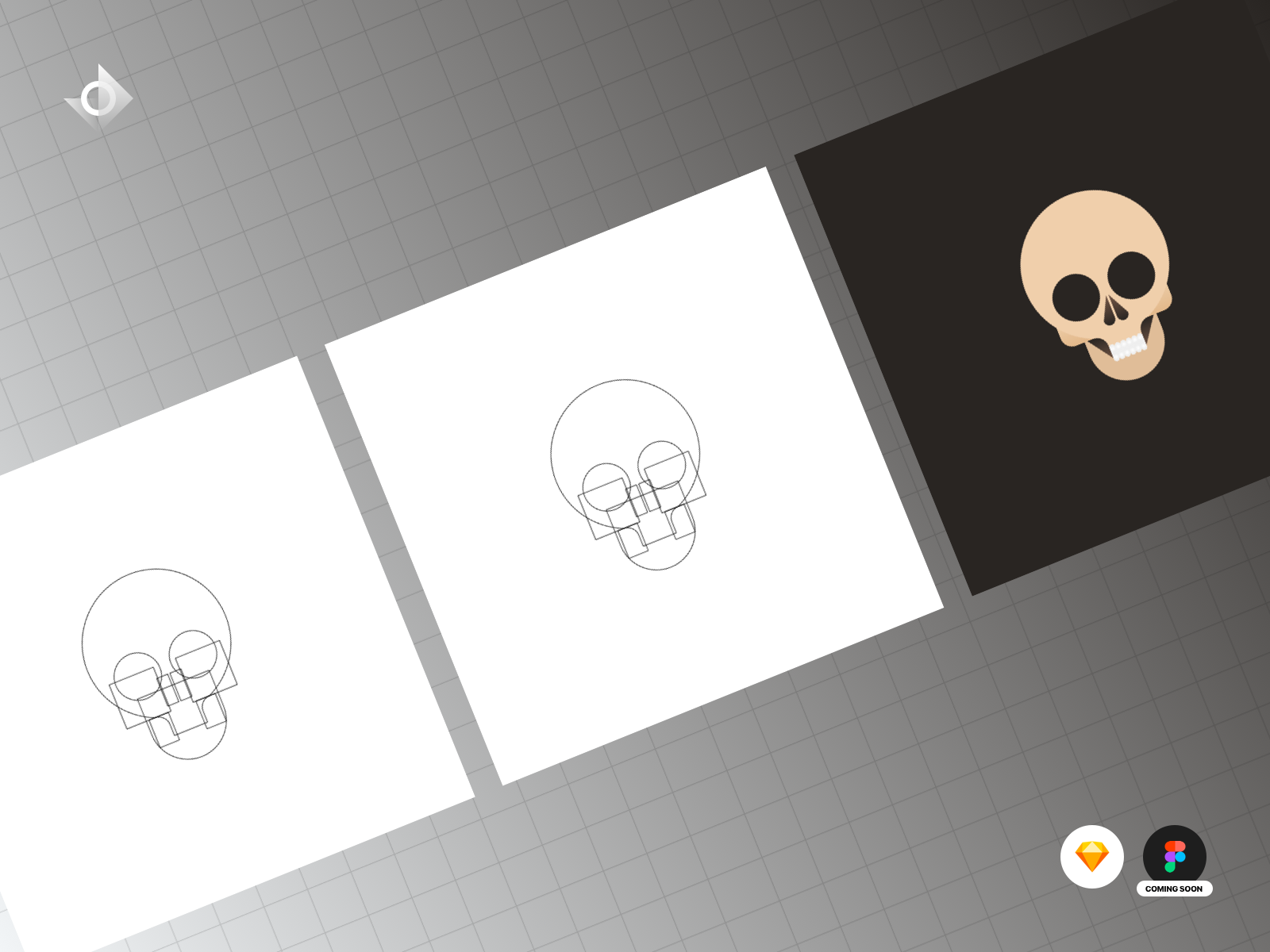 A geometric skull illustration tutorial showing a series of steps it took to achieve the final result.