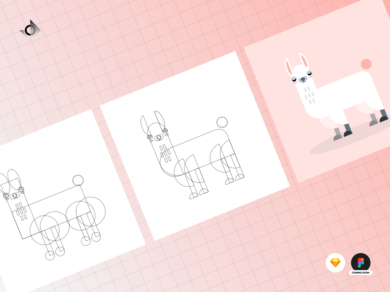 A geometric judgemental alpaca illustration tutorial showing a series of steps it took to achieve the final result.