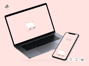 A mockup of a macbook and iphone showing the geometric judgemental alpaca wallpaper.