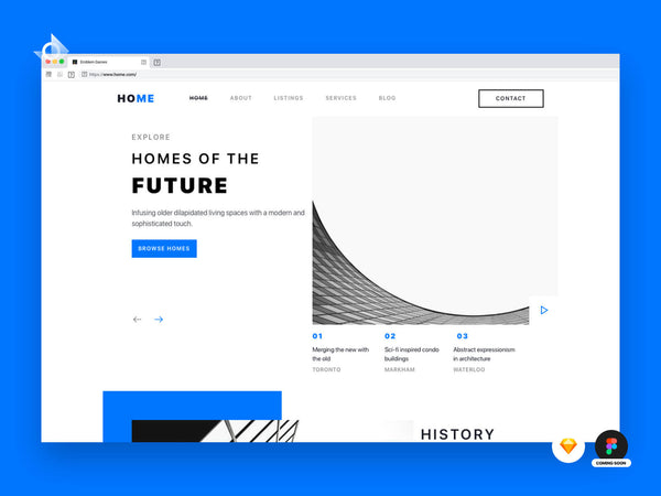 A desktop web mockup of a modern architecture landing page with the text "Learn how to make this!". 