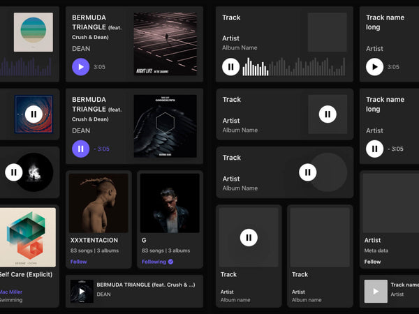 Dark themed UI cards kit for a music app.