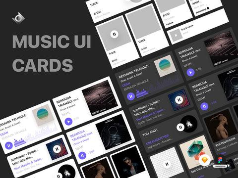 A preview of both dark and light themed UI cards kit for a music app.