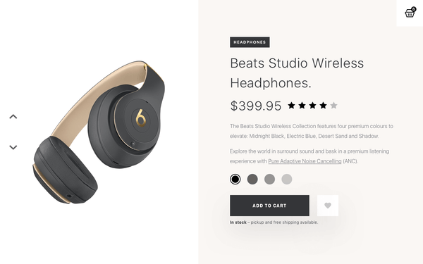 A desktop mockup of a beats headphones e-commerce product detail page.