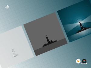 A textured semi-realistic lighthouse on the ocean illustration tutorial showing a series of steps it took to achieve the final result.