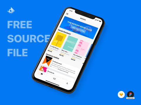 A mockup of a iPhone X reading and book marketplace app with the text "Free Source File!"