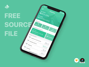 A mockup of a iPhone X finance transactions app on the overview screen with the text "Free Source File!"