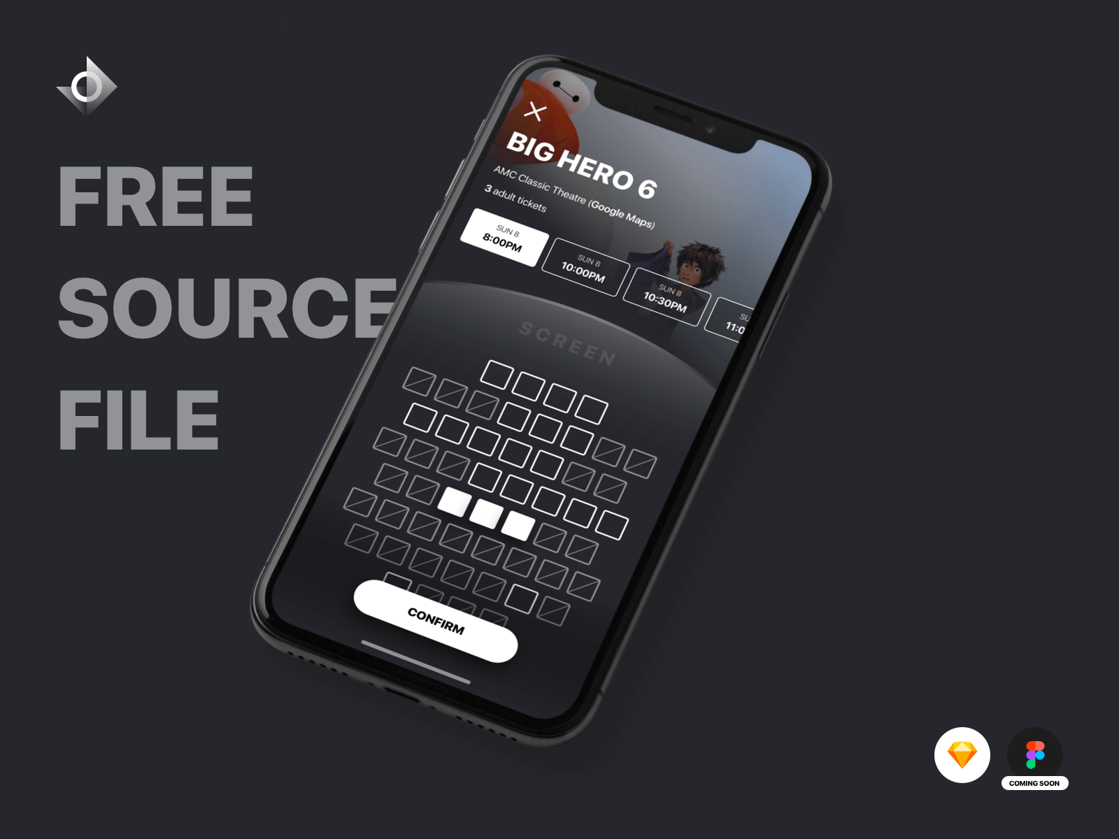A mockup of a iPhone X movie ticket seat reservation app with the text "Free Source File!"