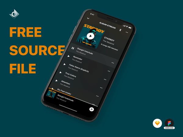 A mockup of a iPhone X music album track list app with the text "Free Source File!"
