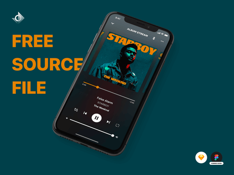A mockup of a iPhone X music streaming app with the text "Free Source File!"