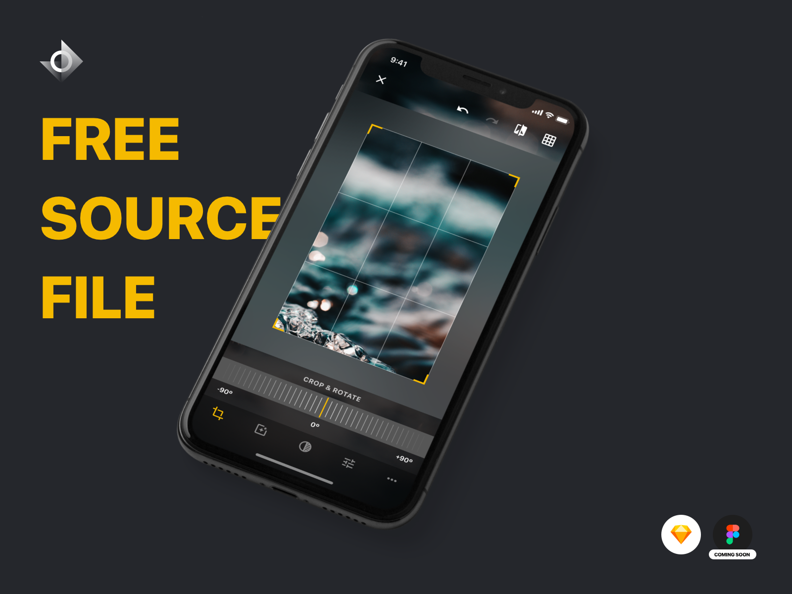 A mockup of a iPhone X photo editing app on the crop and rotate screen with the text "Free Source File!"